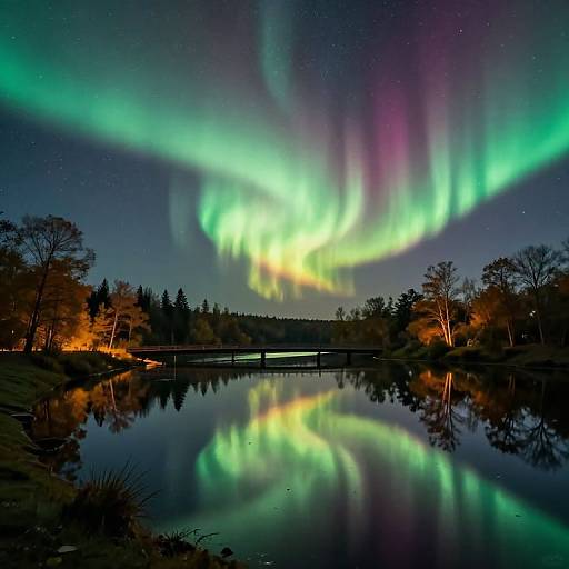 Photograph of vibrant Northern Lights reflecting on a calm, dark forest lake, with a bridge and trees silhouetted against the colorful aurora.
