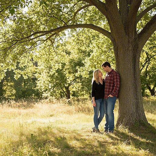 Photograph of a young couple standing close under a large tree in a sunlit meadow, with golden grass and green foliage in the background. He