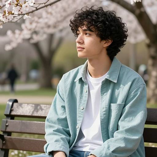 Photograph of a young man with curly black hair, light skin, wearing a light blue shirt and white tee, sitting on a park bench, looking