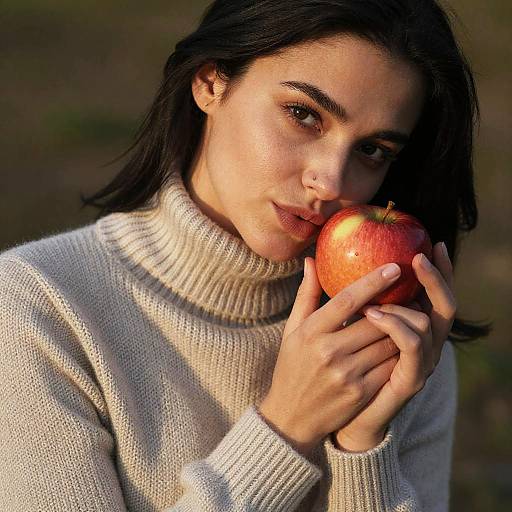 Photograph of a young woman with dark hair, light skin, and a nose piercing, wearing a white turtleneck sweater, holding a red apple