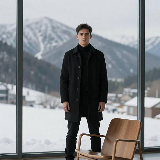 Man in Black Coat with Mountain Reflection