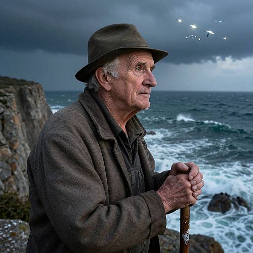 Photograph of an elderly man with gray hair, wearing a brown hat and coat, standing by a rocky ocean shoreline, holding a cane, under a