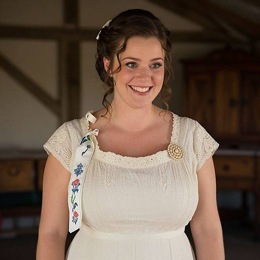 Photograph of a smiling white woman with curly brown hair, wearing a white lace dress, floral sash, and gold brooch, indoors.