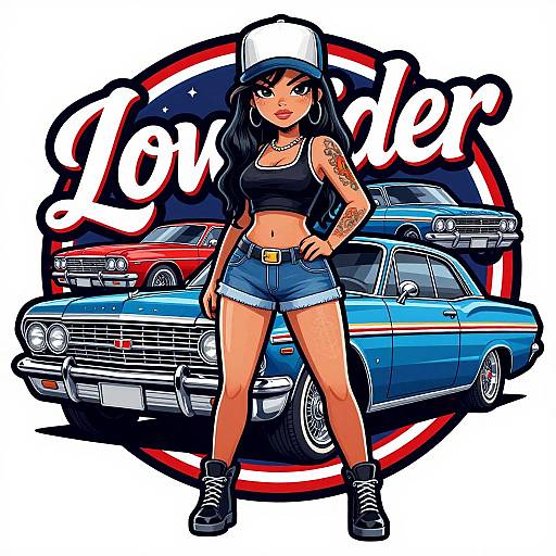 Digital illustration of a tattooed woman in a cap, crop top, denim shorts, and sneakers, standing confidently in front of blue and red classic cars