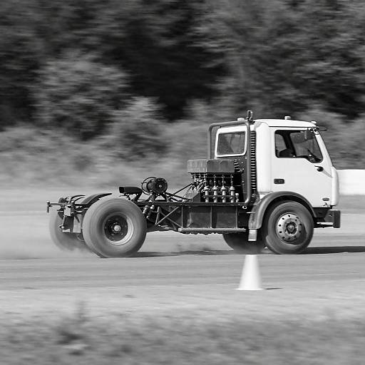 Black-and-White Racing Truck in Motion