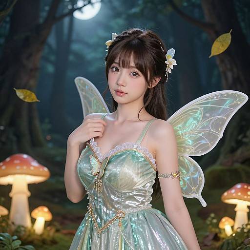 Photorealistic CGI of a young Asian woman with fairy wings, wearing a shimmering green dress, in a magical forest with glowing mushrooms.