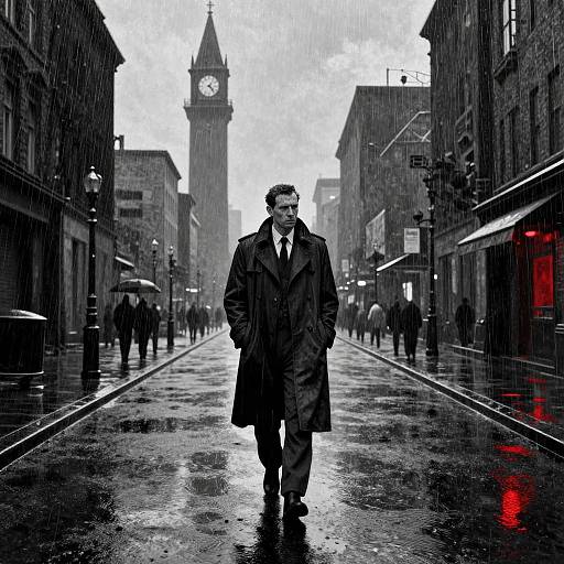 Monochrome photograph of a rain-soaked street; a lone man in a long black coat walks center, flanked by umbrellas, with a clock