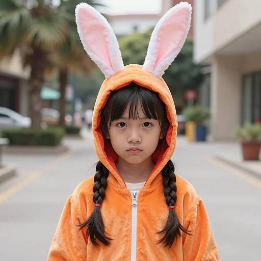 Young Girl in Orange Bunny Hood Costume