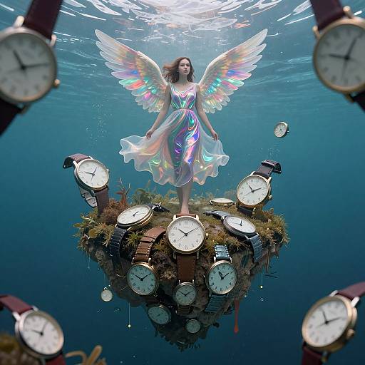 Photograph-style digital art: Angelic woman with multicolored wings and flowing dress stands on underwater clock island, surrounded by floating wristwatches.