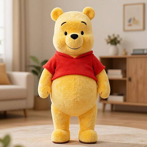 Photograph of a plush Winnie the Pooh bear in a red shirt standing in a bright, cozy living room.