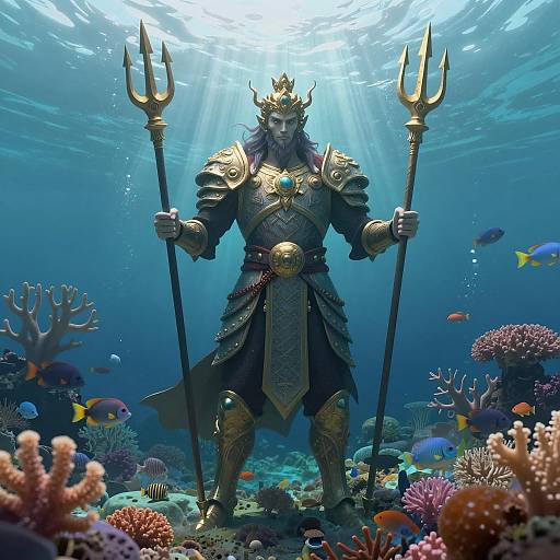 Mythical Underwater Sea King with Dual Tridents