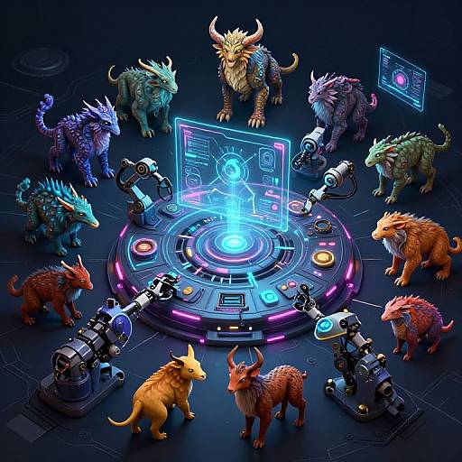 Digital art of colorful, fantasy creatures with horns, surrounded by robotic devices, forming a circle around a glowing, futuristic holographic center.