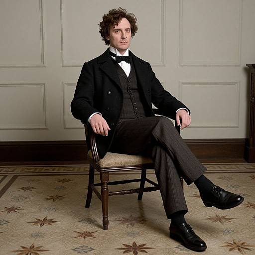 Photograph of a young, curly-haired man in Victorian attire, seated on a wooden chair, against a paneled wall, with patterned floor.
