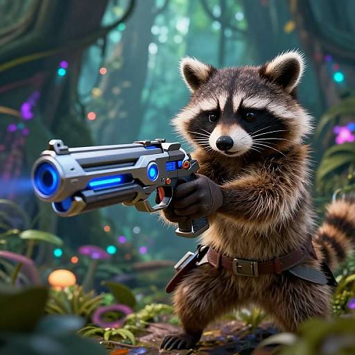 CGI image of a cute, anthropomorphic raccoon with a futuristic blaster, standing in a colorful, mystical forest, wearing a brown belt.