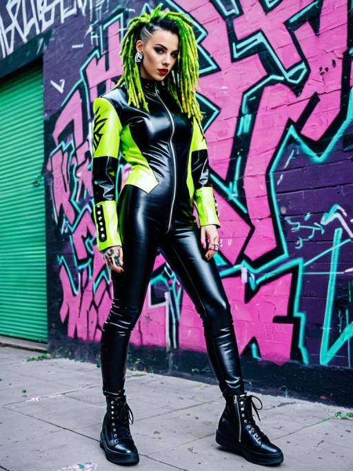 Edgy Woman in Neon Green Dreadlocks and Leather Catsuit