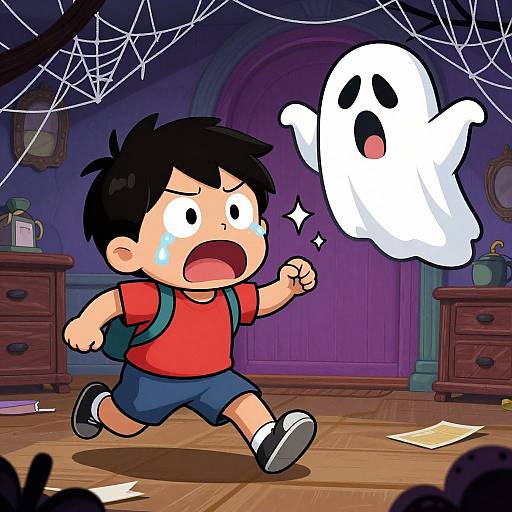 Cartoon boy with black hair, red shirt, blue shorts, scared, running from white ghost with black eyes in spider-webbed purple room.