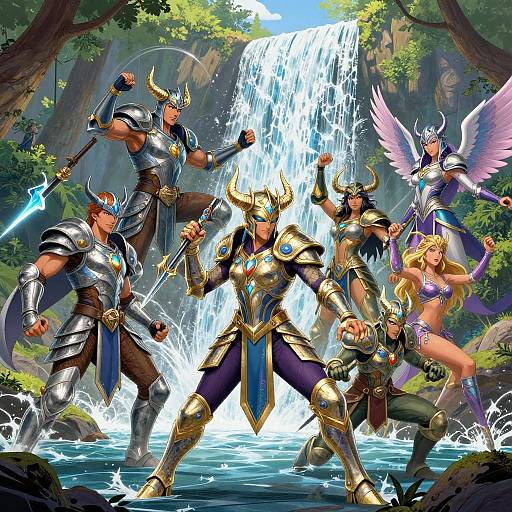 Vibrant Fantasy Warriors by Waterfall