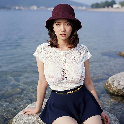 Asian woman in white lace top, black skirt, and brown hat, sitting on rocks by clear blue lake, mountains in background. Photographic image.