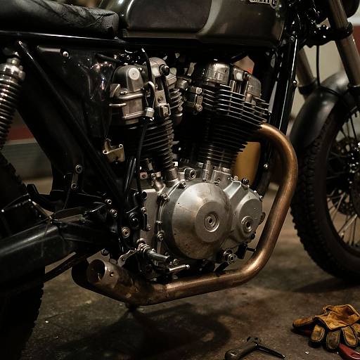 Close-up photograph of a motorcycle's silver engine with a copper exhaust pipe, black frame, and detailed mechanical components in a dimly lit garage. W
