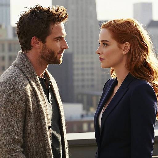 Photograph of a serious, red-haired woman in a black blazer facing a bearded man in a gray coat, standing against a cityscape background