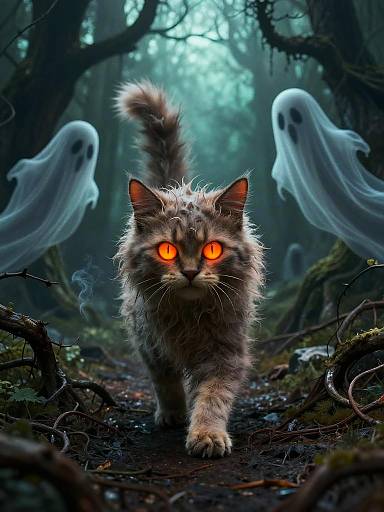 Spooky Stylized Cat in Haunted Forest