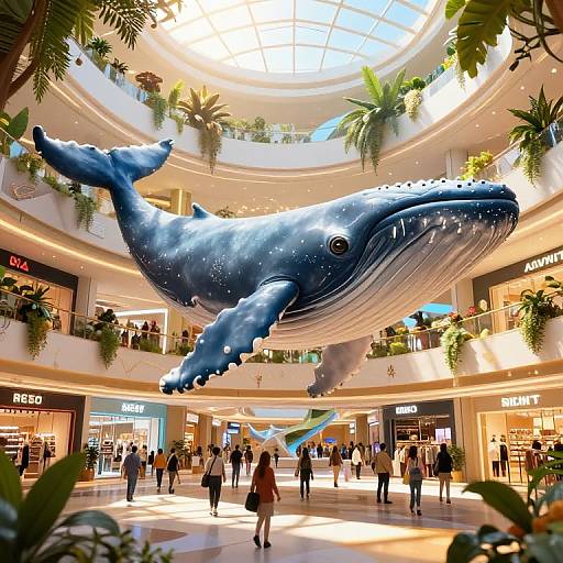 Photograph of a brightly lit, multi-level shopping mall with a large, blue, whale sculpture hanging from the ceiling, surrounded by shoppers and lush green
