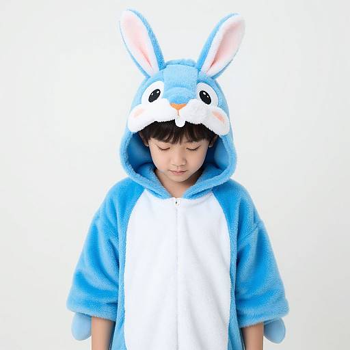 Photograph of a young boy with straight black hair, wearing a blue and white fuzzy bunny costume with long ears and a white snout, looking down