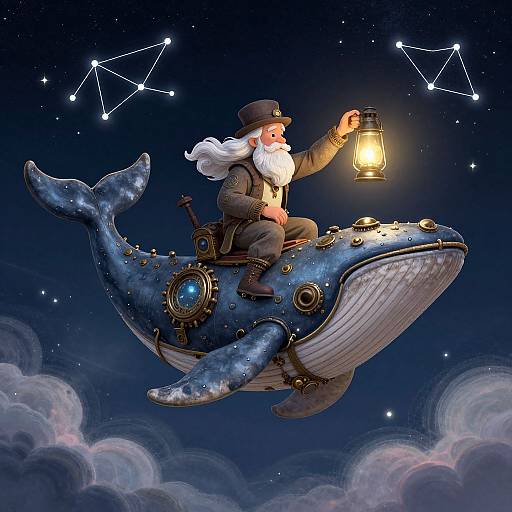 Magical illustration of a bearded Santa Claus in a hat riding a blue, steampunk whale through a starry night sky, holding a glowing