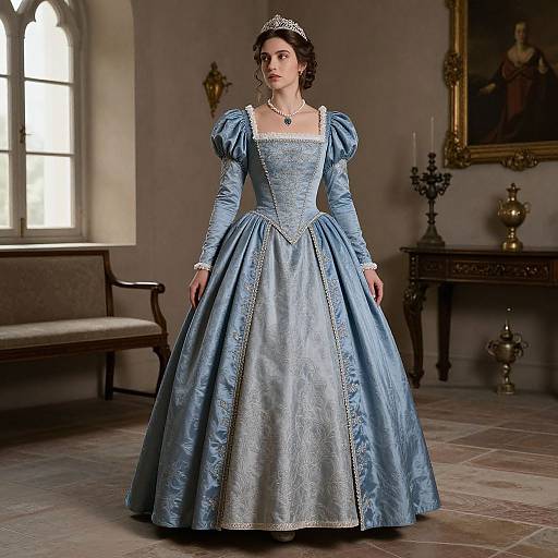 Photograph of a woman in a blue, detailed, Renaissance-style gown with puffed sleeves, standing in an elegant, dimly-lit room.