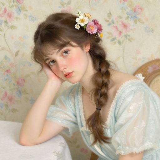 Digital painting of a fair-skinned young woman with a braid, floral headpiece, blue dress, resting on a white table, against a past