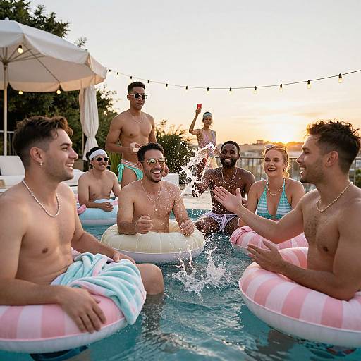 Photograph of six smiling, shirtless men and one woman in a pool at sunset, splashing water, wearing sunglasses and swimwear, with string