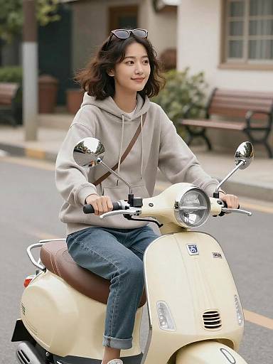 Carefree Woman Riding Vintage Scooter