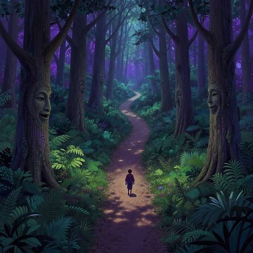 Digital fantasy artwork of a mysterious forest at night, illuminated by blue-purple hues. A lone figure walks down a winding path between towering trees with carved,