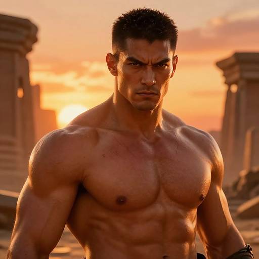 Photorealistic CGI of a muscular, shirtless Asian man with short, spiked black hair, intense expression, and defined abs, standing against a sunset