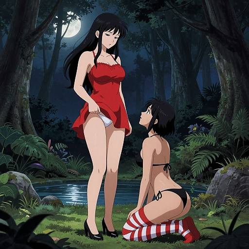 Mystical Anime Women in Moonlit Forest