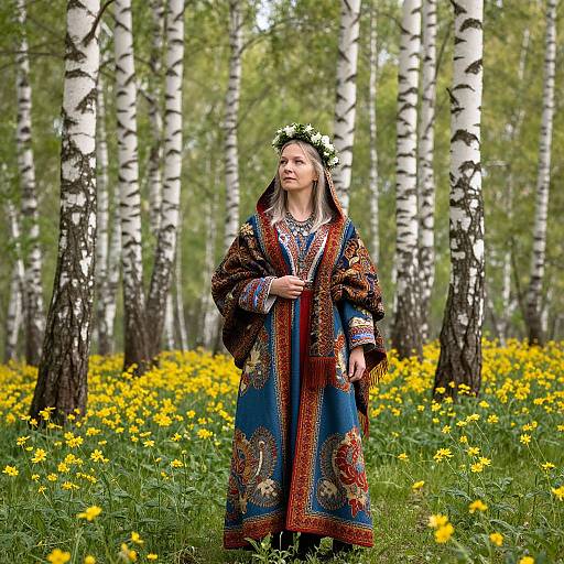 Photograph of a blonde woman in a colorful embroidered robe, floral crown, standing in a birch forest with yellow wildflowers.