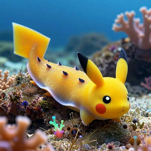 Photorealistic digital artwork of a Pikachu-shaped fish with yellow body, black-tipped ears, red cheeks, and black dorsal spikes, swimming on a