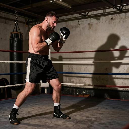 Photograph of a muscular, bearded man in black boxing shorts and gloves, mid-punch in a dimly lit, gritty boxing ring.