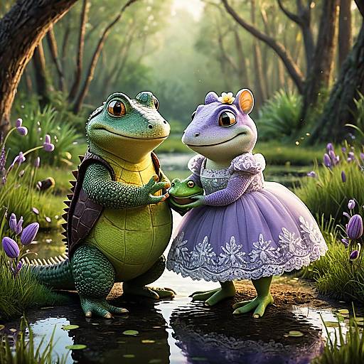 Pixar-Style Alligator and Frog Couple in Enchanted Wetland