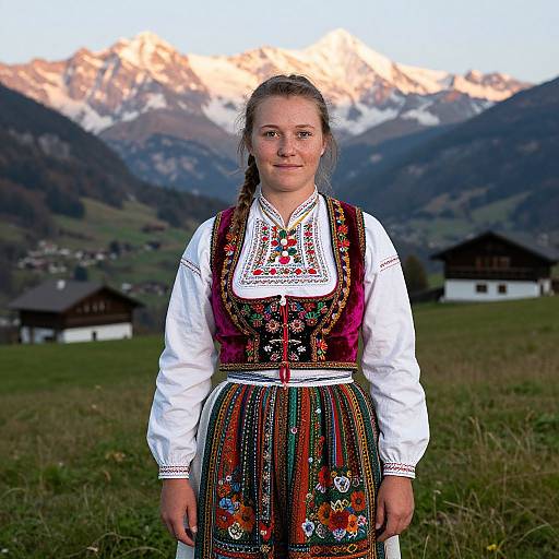 Photograph of a young Caucasian woman in traditional Alpine attire with colorful embroidered dress, white blouse, and braided hair, standing in a grassy field