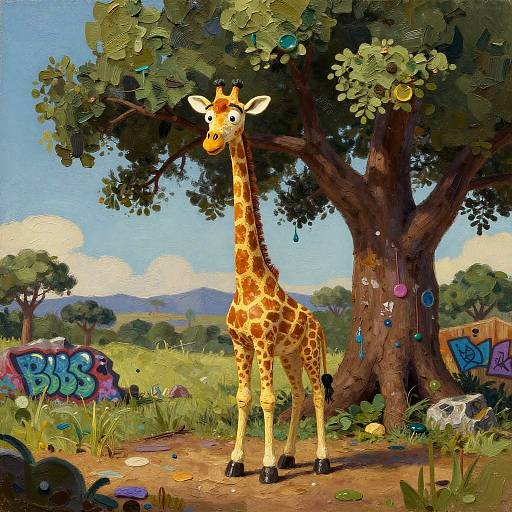 Impasto Giraffe Under Ancient Oak