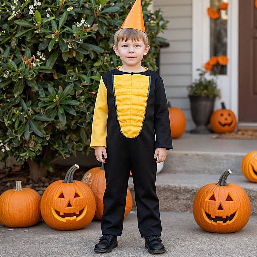 Photograph of a young boy in a Halloween costume with a yellow and black outfit, orange cone hat, standing in front of carved pumpkins and green