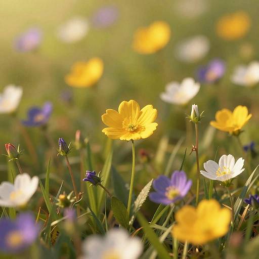 Photograph of a sunlit meadow with vibrant yellow, white, and blue flowers, green stems, and blurred background, showcasing a peaceful, colorful