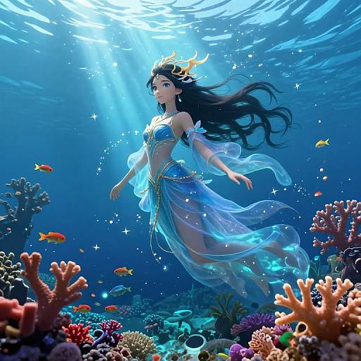 Digital anime-style illustration of a beautiful, ethereal mermaid with long black hair, wearing a flowing blue gown, swimming underwater with colorful coral reefs and