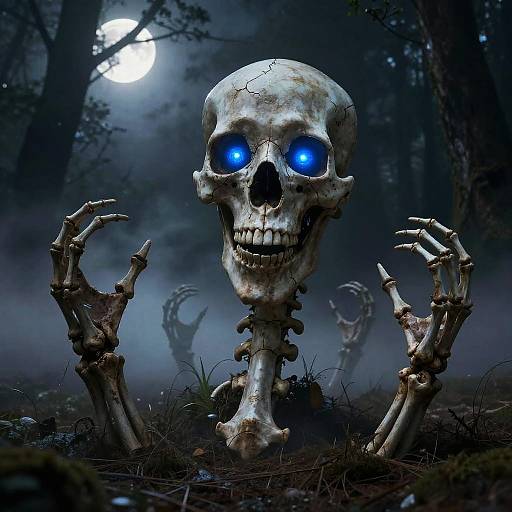 Photograph-style CGI of a glowing blue-eyed skeletal figure with raised bony hands in a dark, misty forest under a full moon.