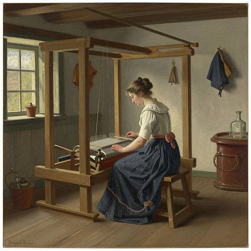 Photograph of a 19th-century woman in white blouse and blue apron, sitting at a wooden spinning wheel in a sunlit, rustic room