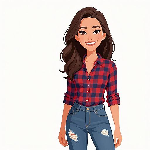 Digital illustration of a smiling woman with long brown hair, wearing a red and black plaid shirt and blue ripped jeans.