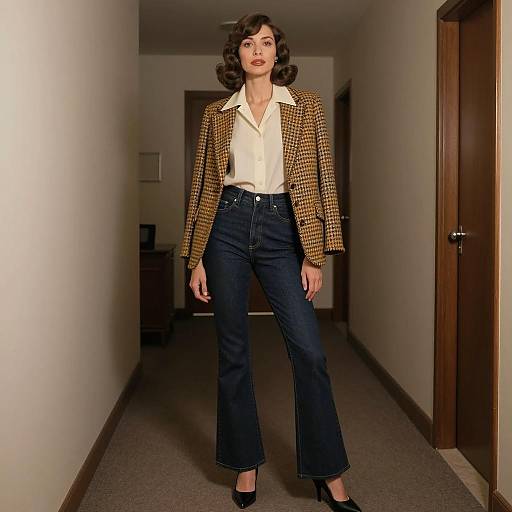 1970s Woman in Plaid Blazer and Flared Jeans