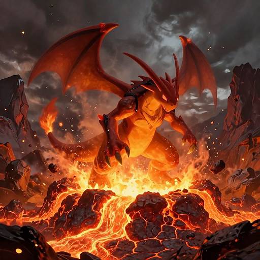 Digital artwork of a fierce, red-scaled dragon with large wings standing amidst a blazing, volcanic eruption, surrounded by dark, rocky cliffs.