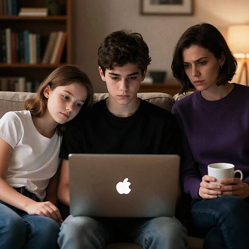 Focused Family Using Laptop on Couch